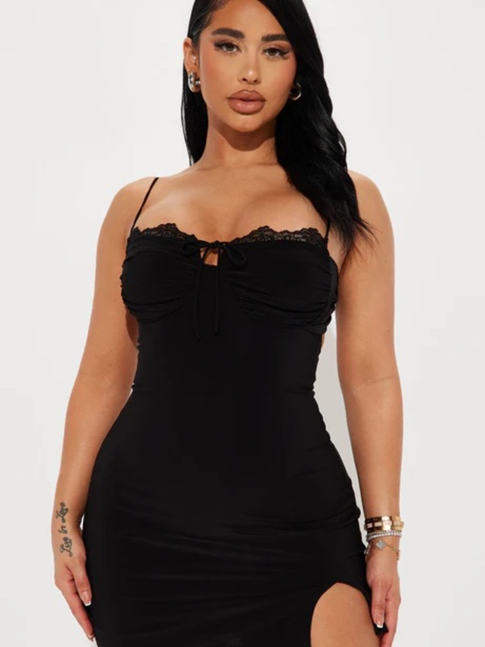 Fashion Nova Black Lace-Trim Mini Slip Dress with Tie Front